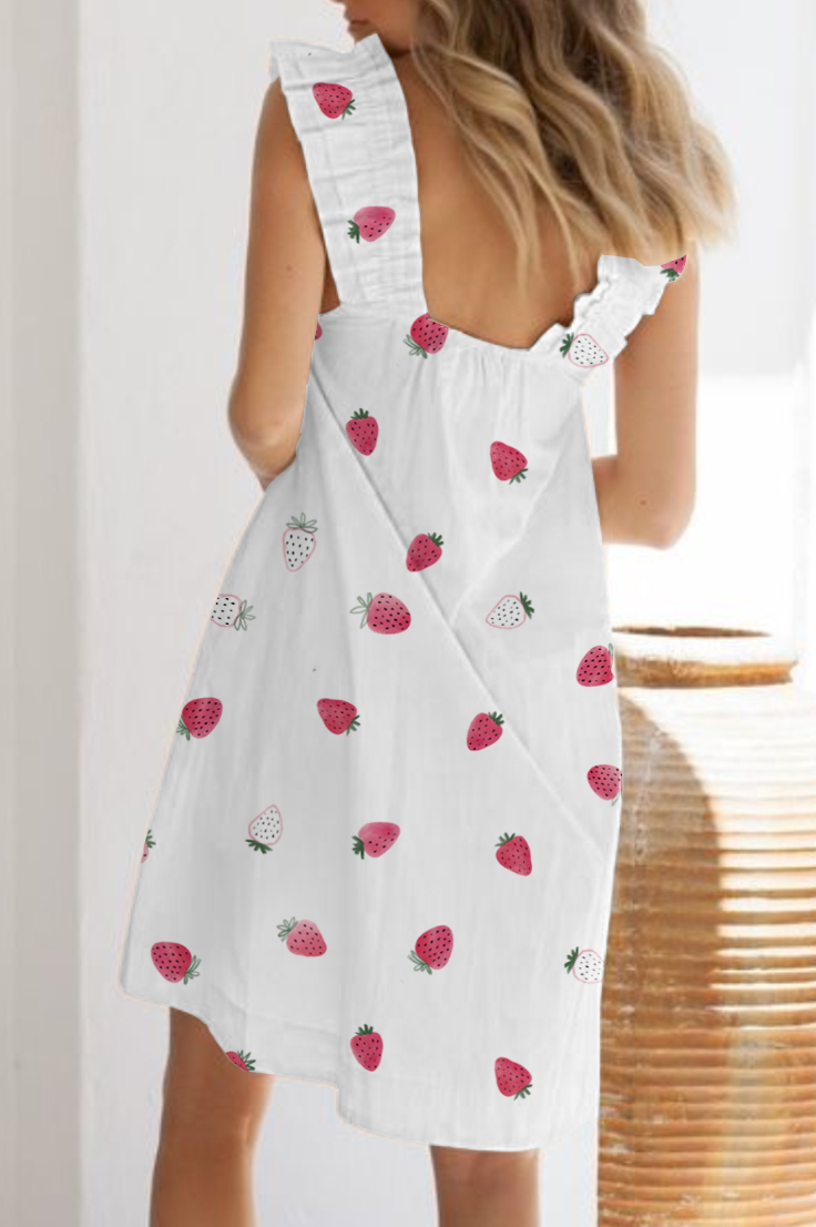 Women's Two-Color Strawberry Printed Ruffle Mid-Length Nightgown