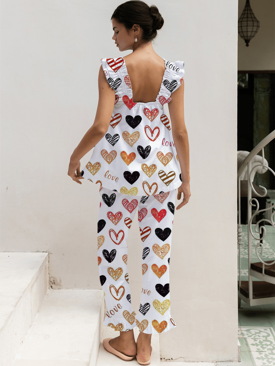 Black & Red Heart & Stripe Print Tank Top Pajama Set