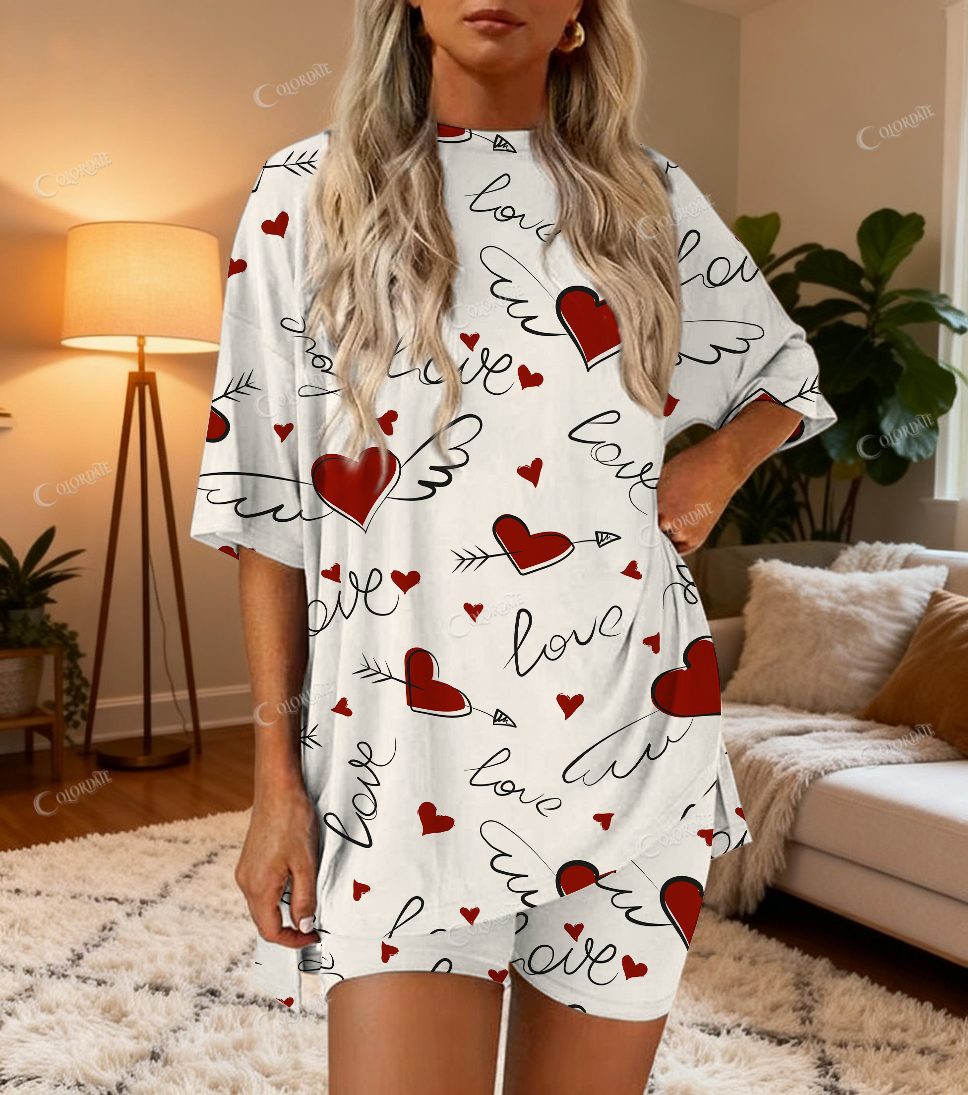 Love And Heart Print Bow Bamboo-Soft Lounge Set