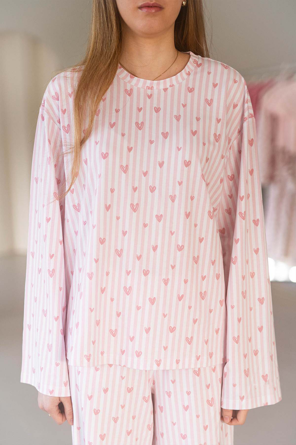 Hearts Print Pink Pajama Loungewear Sleep Set