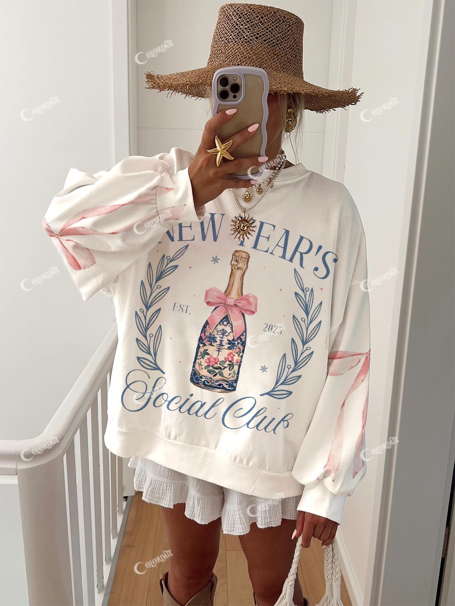 Women's Pink Bowknot New Year's Party Champagne Print Crew Neck Sweatshirt
