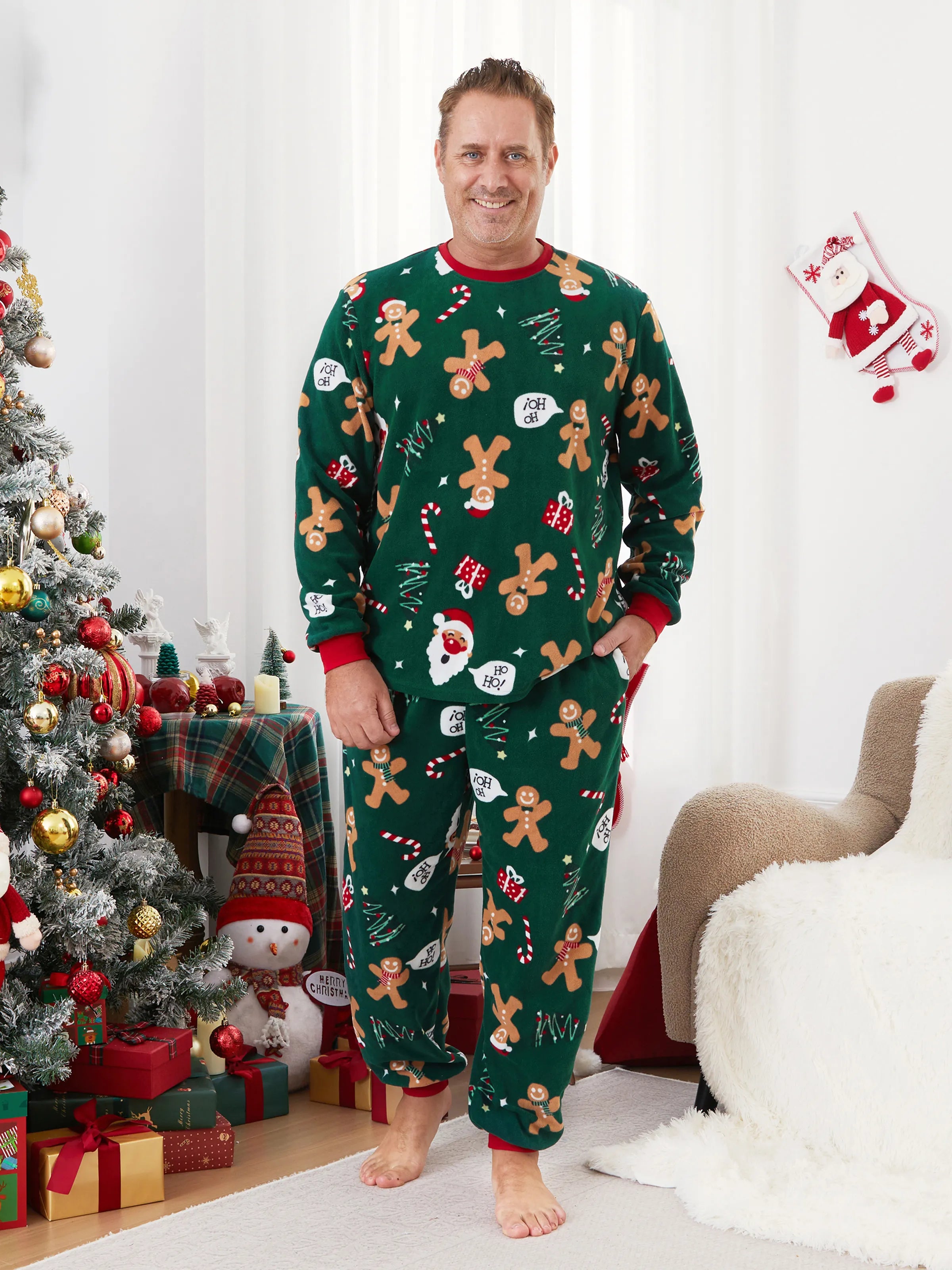 Christmas Pajamas Family Matching Fleece Gingerbread Man Long Sleeves Pajamas Sets