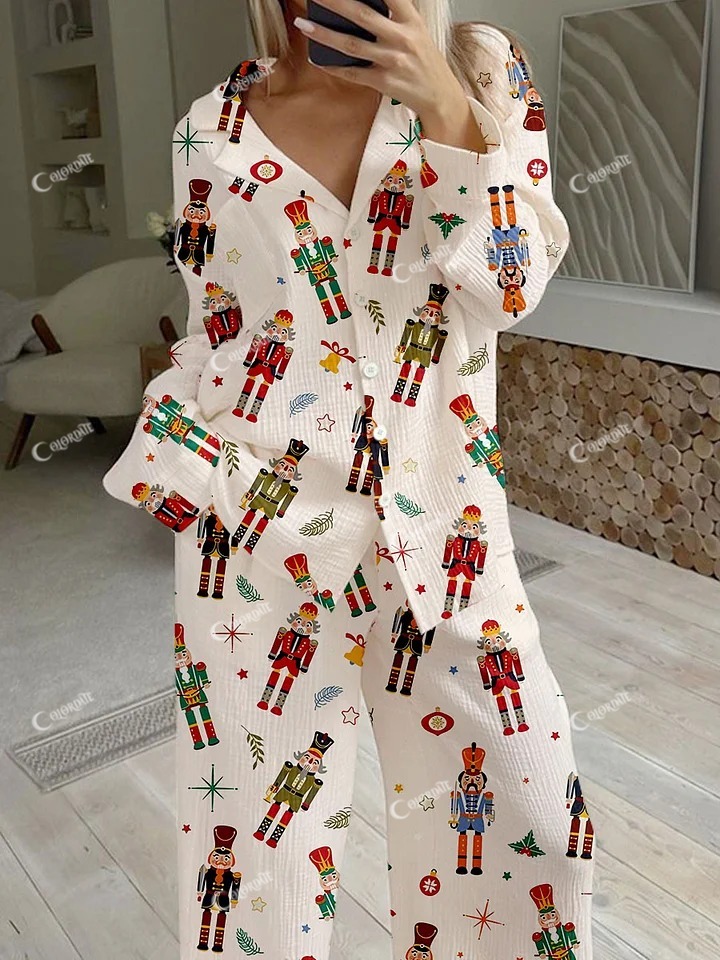 Women's Christmas Puppet Polka Dot Print Cardigan Homewear Set