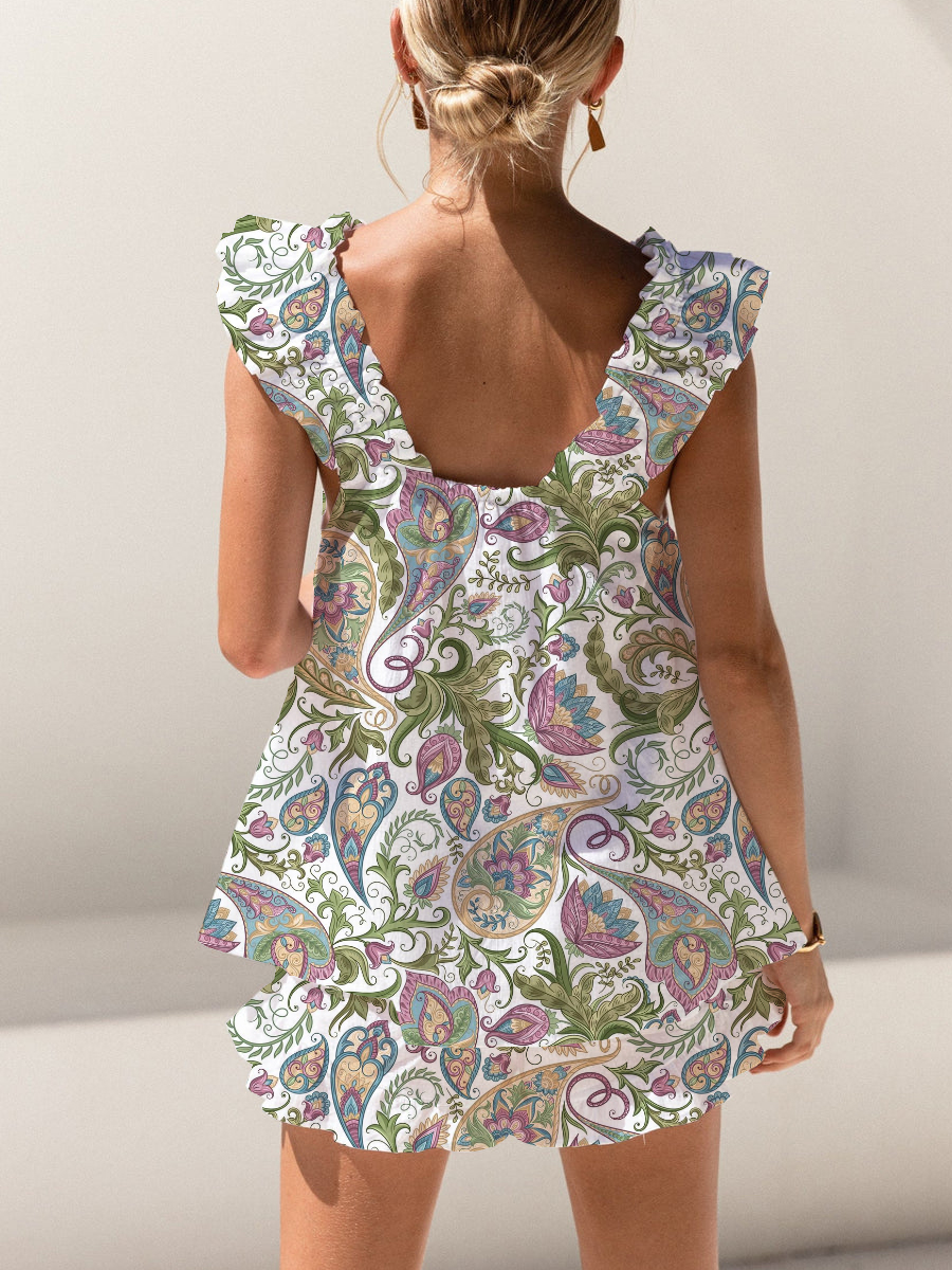 Bohemian Flowers Print Ruffled Trim Short Tank Top Shorts Pajama Set