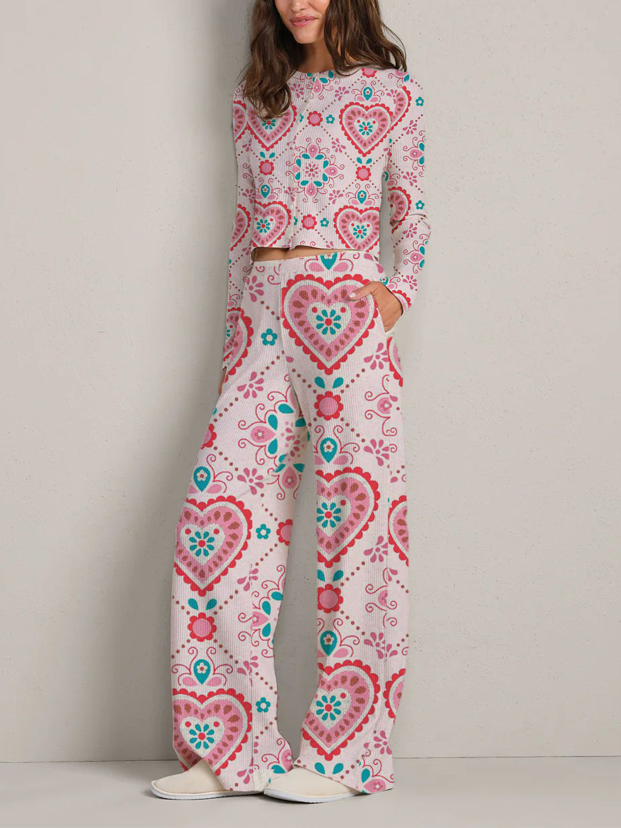 Colordate Women's Pink Pajamas with Heart and Floral Pattern Long Sleeve Suit