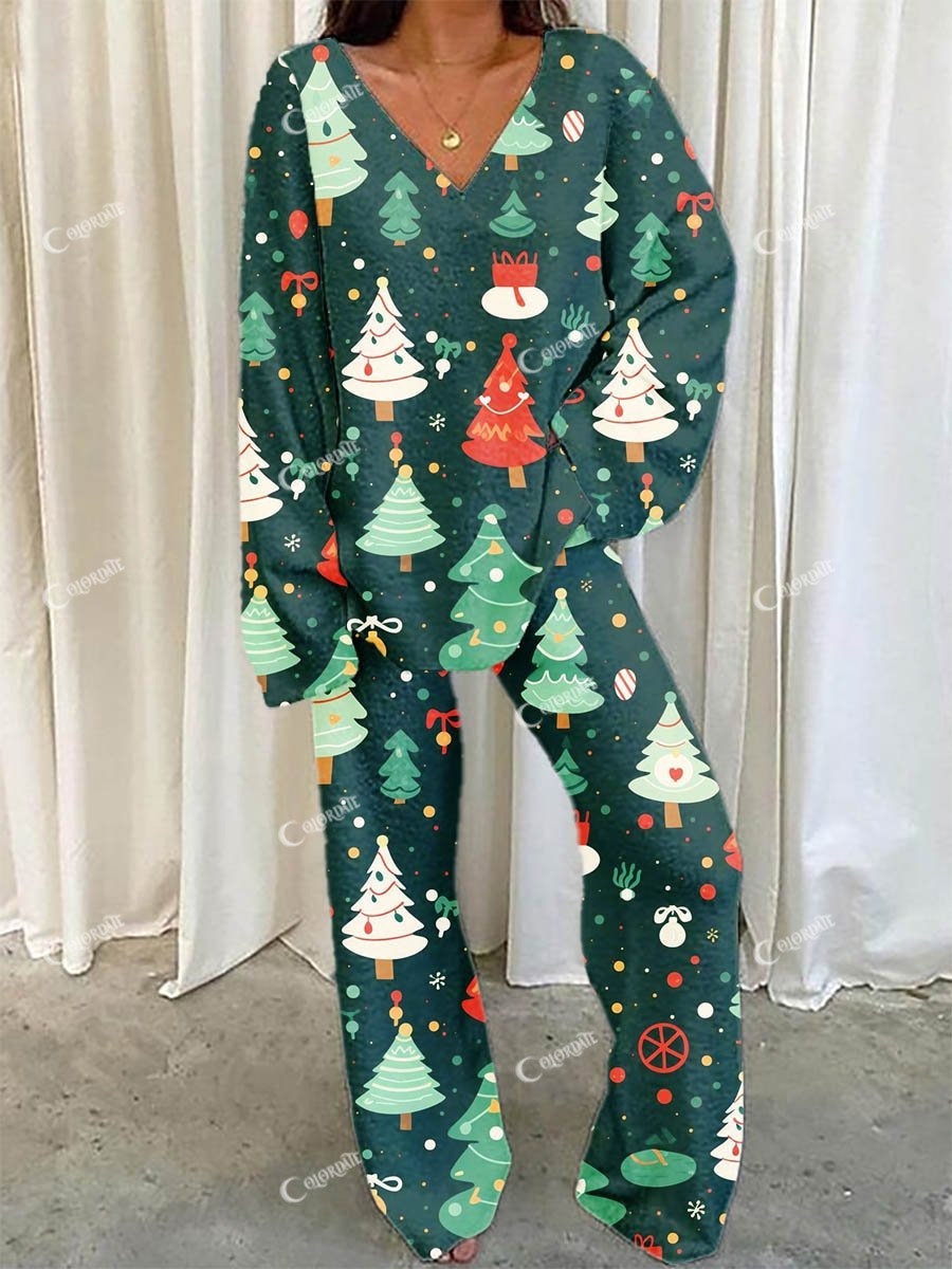 Women's Christmas Colorful Fun Christmas Tree Pattern V-Neck Long Sleeve Pants Set