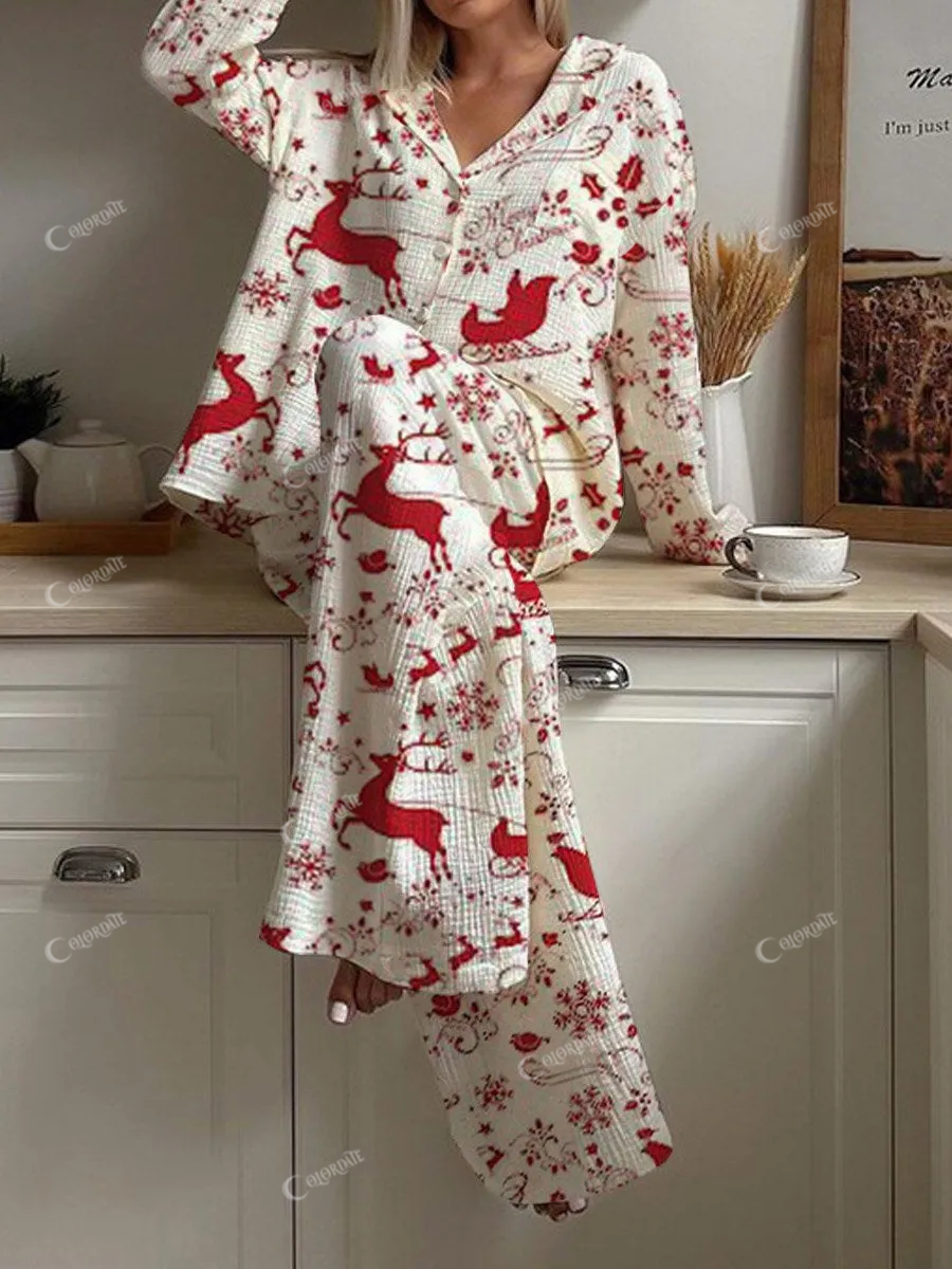 Women's Christmas Reindeer Sleigh Pattern Long Sleeve Pant Suit