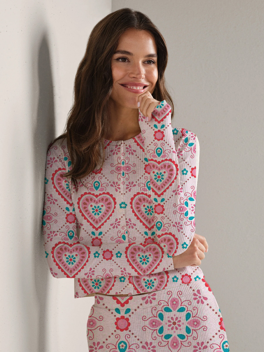 Colordate Women's Pink Pajamas with Heart and Floral Pattern Long Sleeve Suit