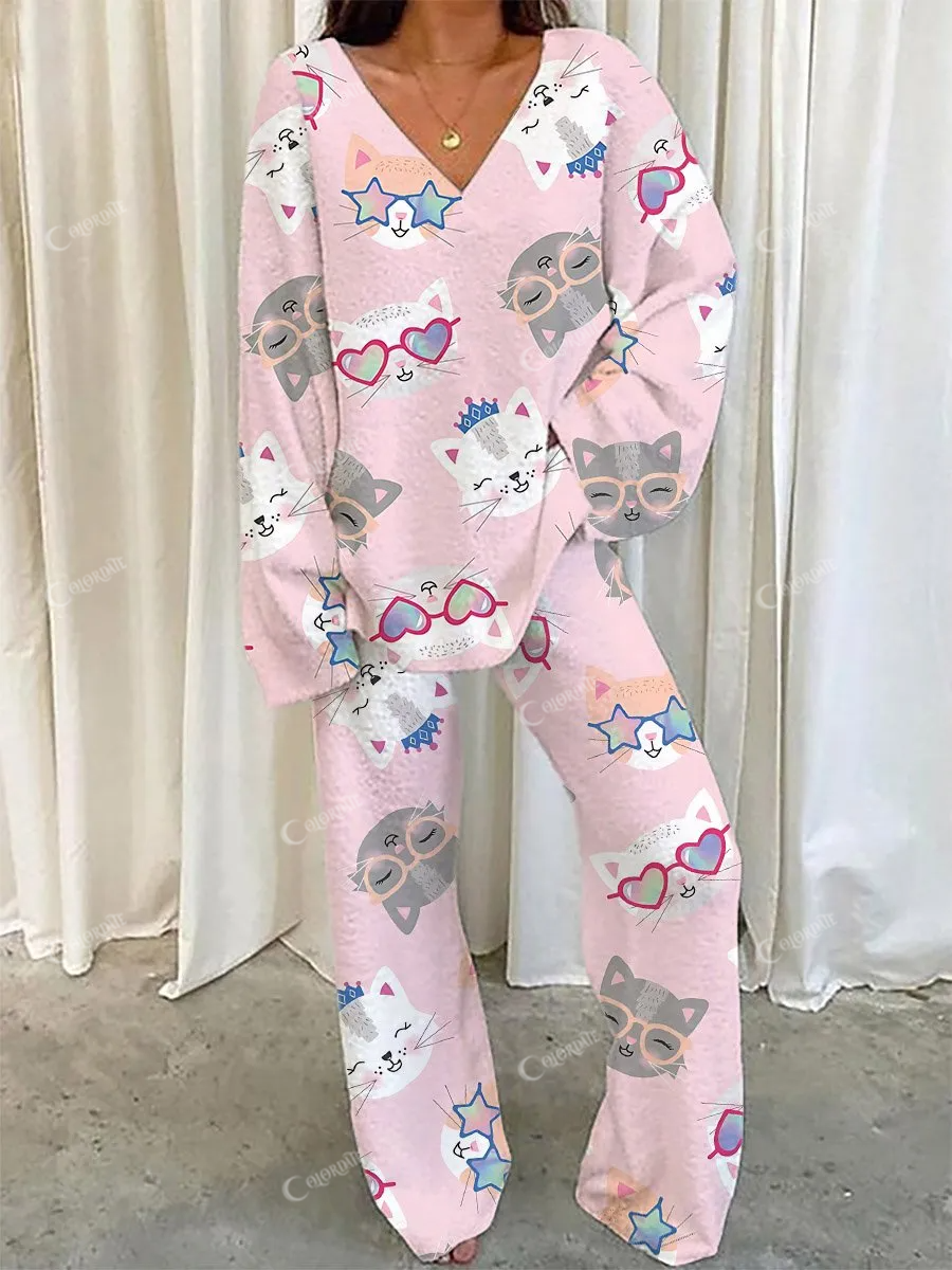 Women's Cute Glasses Cat Print V-Neck Suit