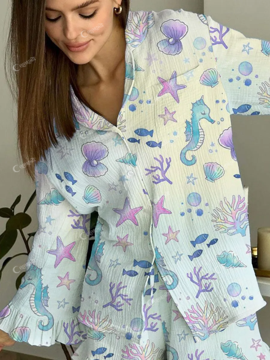 Women's Colorful Ocean Seahorse Pattern Ruffled Long Sleeve Pants Set