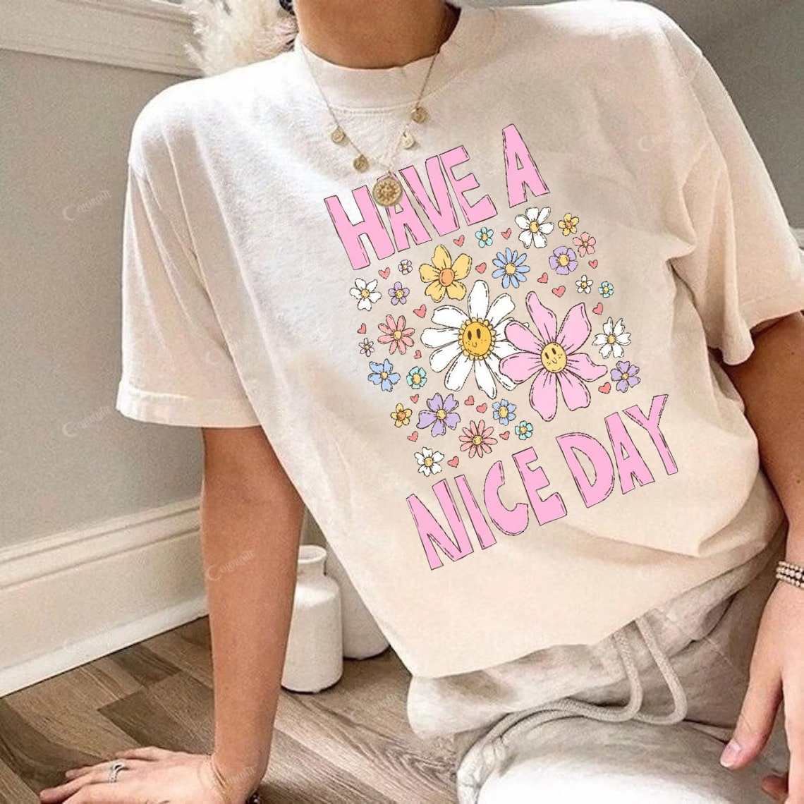 Women's Have A Nice Day Print Round Neck Short Sleeve Tee