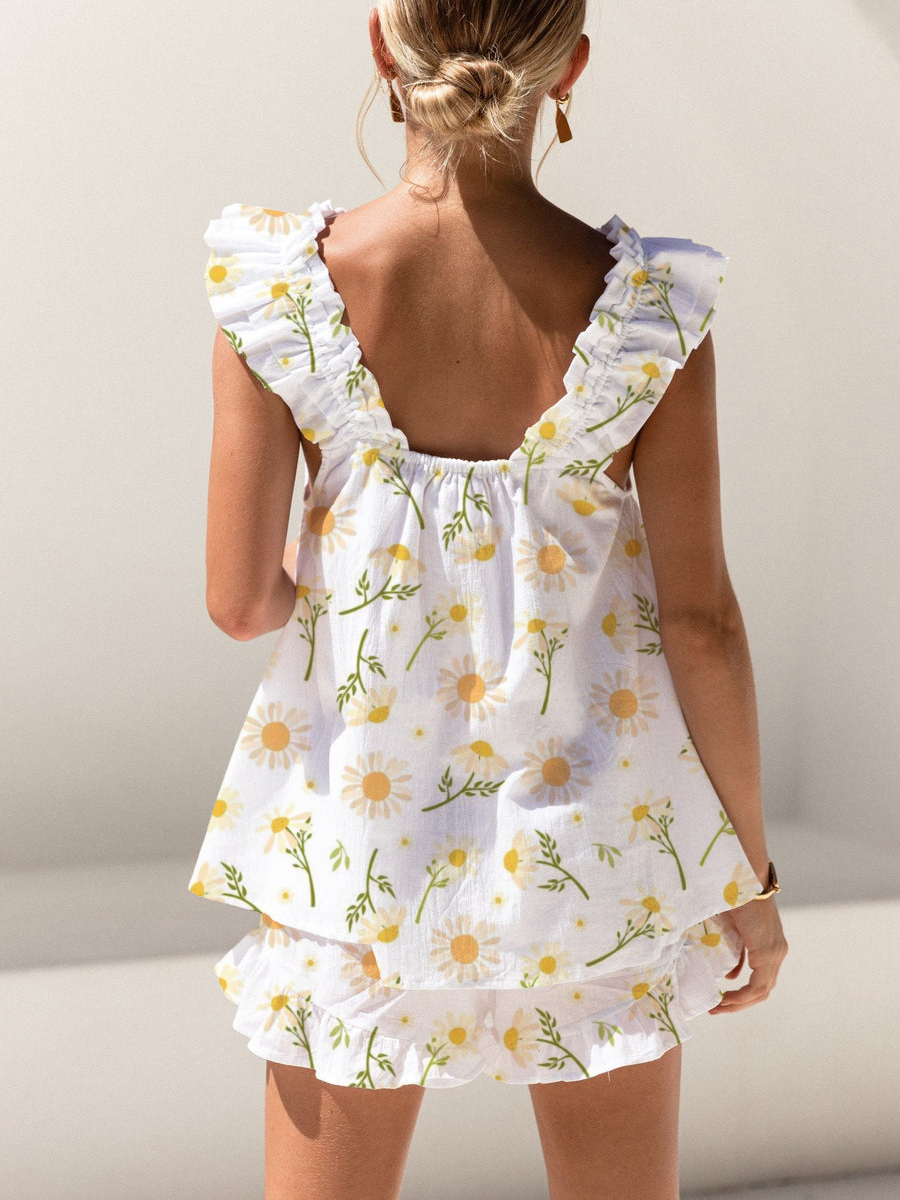 Daisy Print Ruffled Trim Short Tank Top Shorts Pajama Set