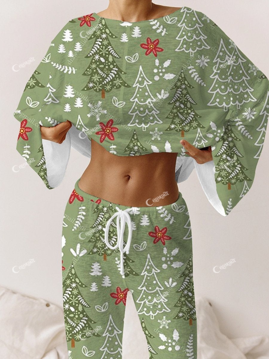 Women's Christmas Green Christmas Tree Pattern Long Sleeve Pants Set