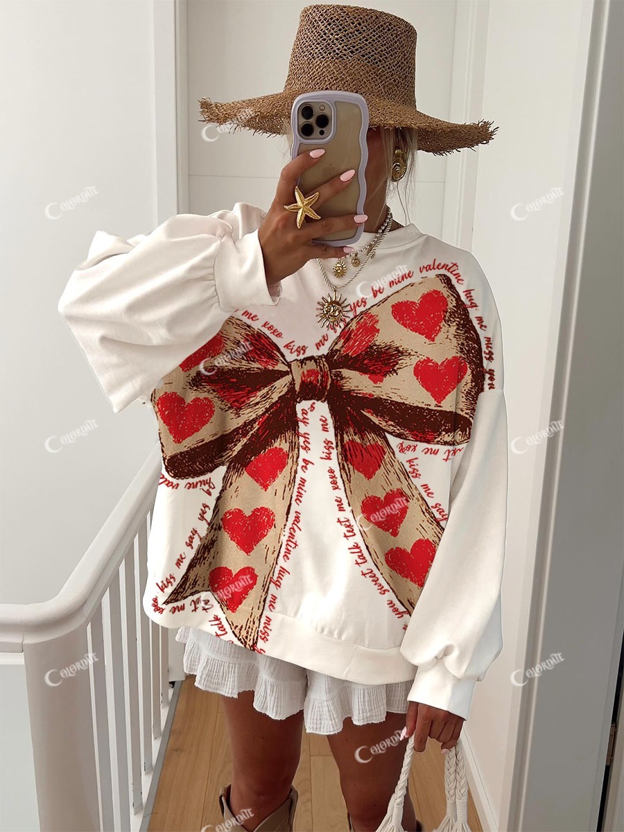 Women's Red Bow Valentine's Day Love Letter Printed Crew Neck Sweatshirt