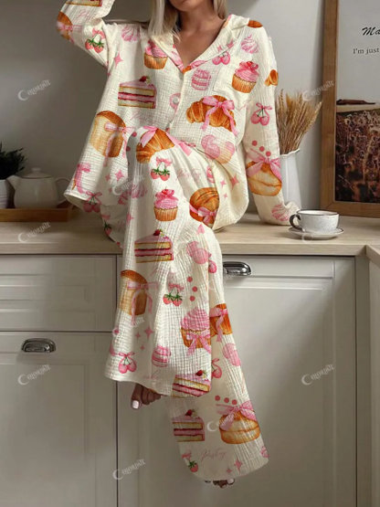 Women's Fun Dessert Art Painting Printed Home Long Sleeve Suit