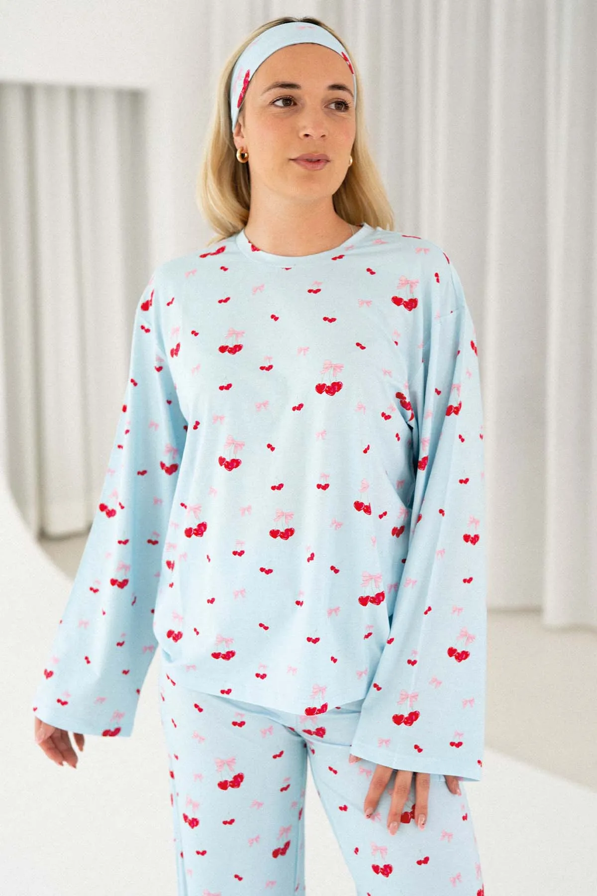 Sleep Set Sweet Cherries Print Light Blue Loungewear 