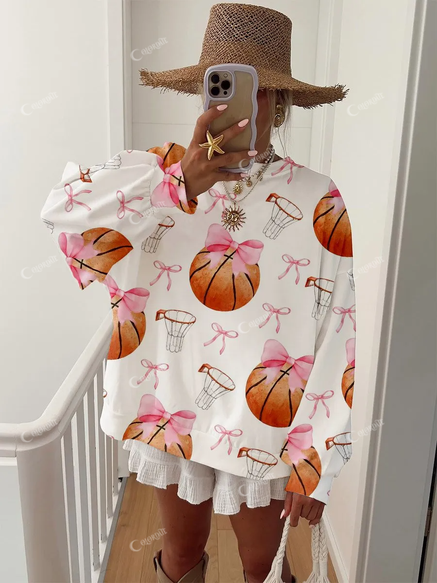 Women's Pink Bow Basketball Print Crewneck Sweatshirt
