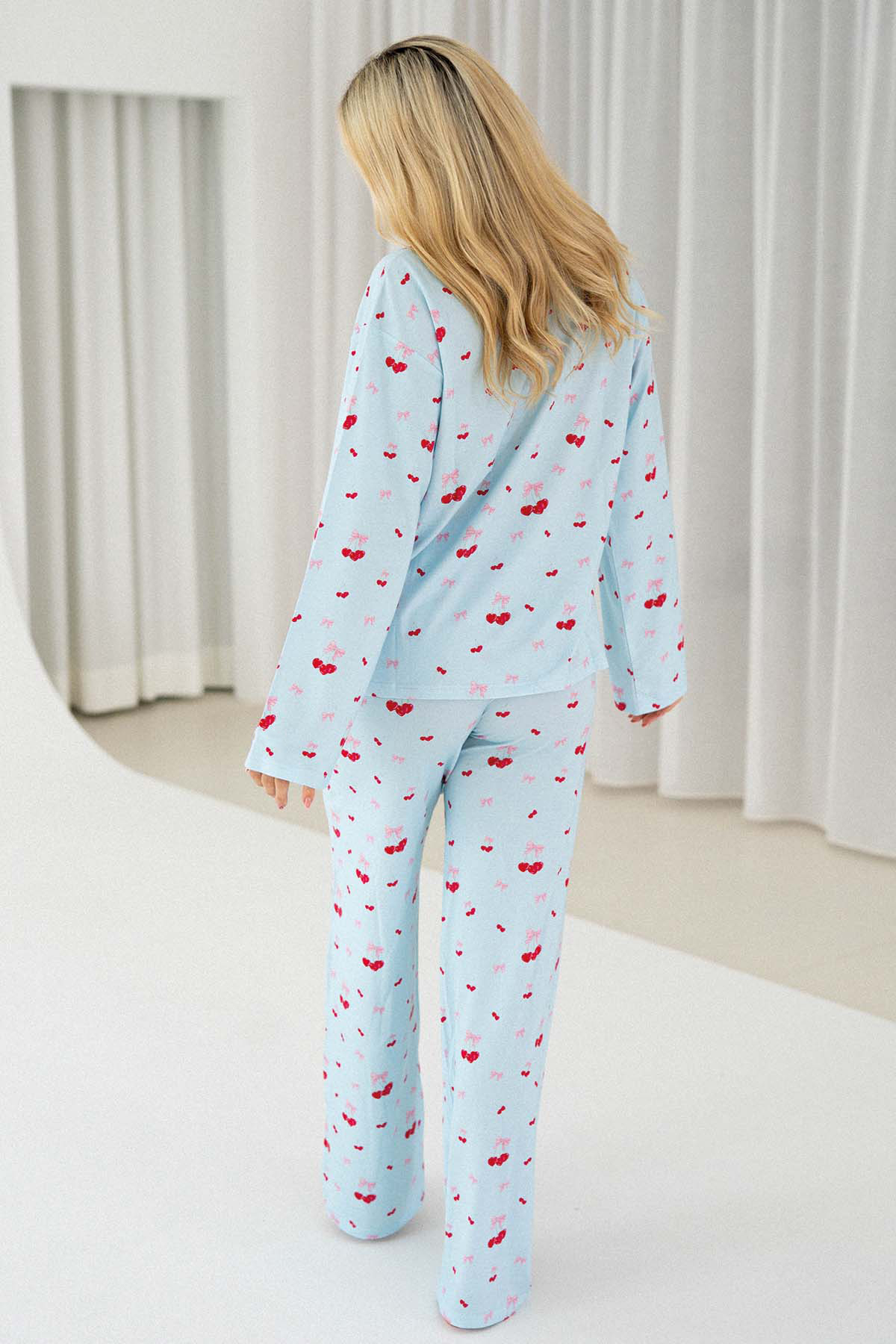 Sleep Set Sweet Cherries Print Light Blue Loungewear 