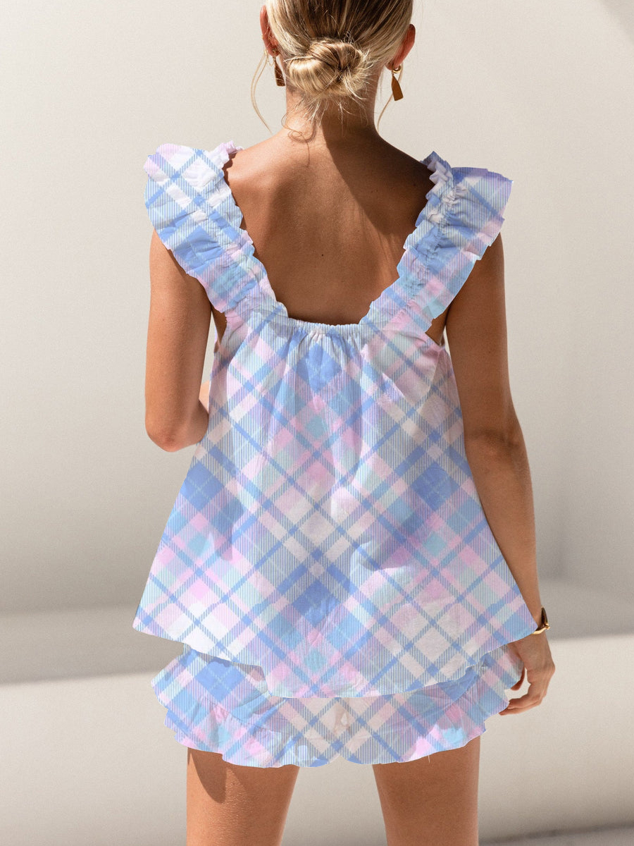 Pink And Purple Plaid Print Ruffled Trim Short Tank Top Shorts Pajama Set