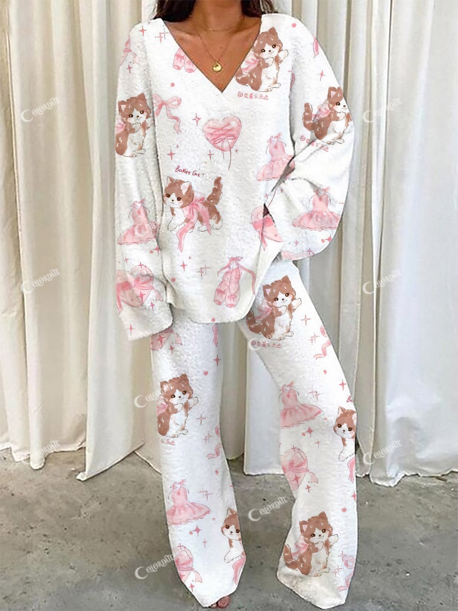 Women's Bow Cat Heart Print V-Neck Suit