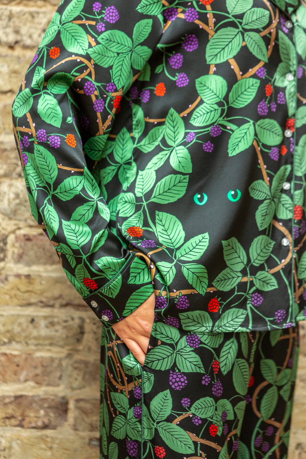 Women's Lapel Leaf Cat Print Long Sleeve Pajama Set