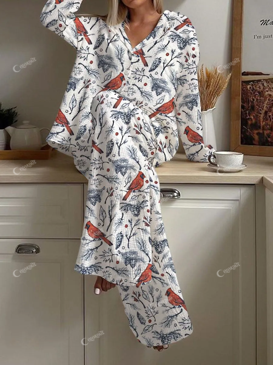 Women's Christmas Plant Robin Print Loose Homewear Set