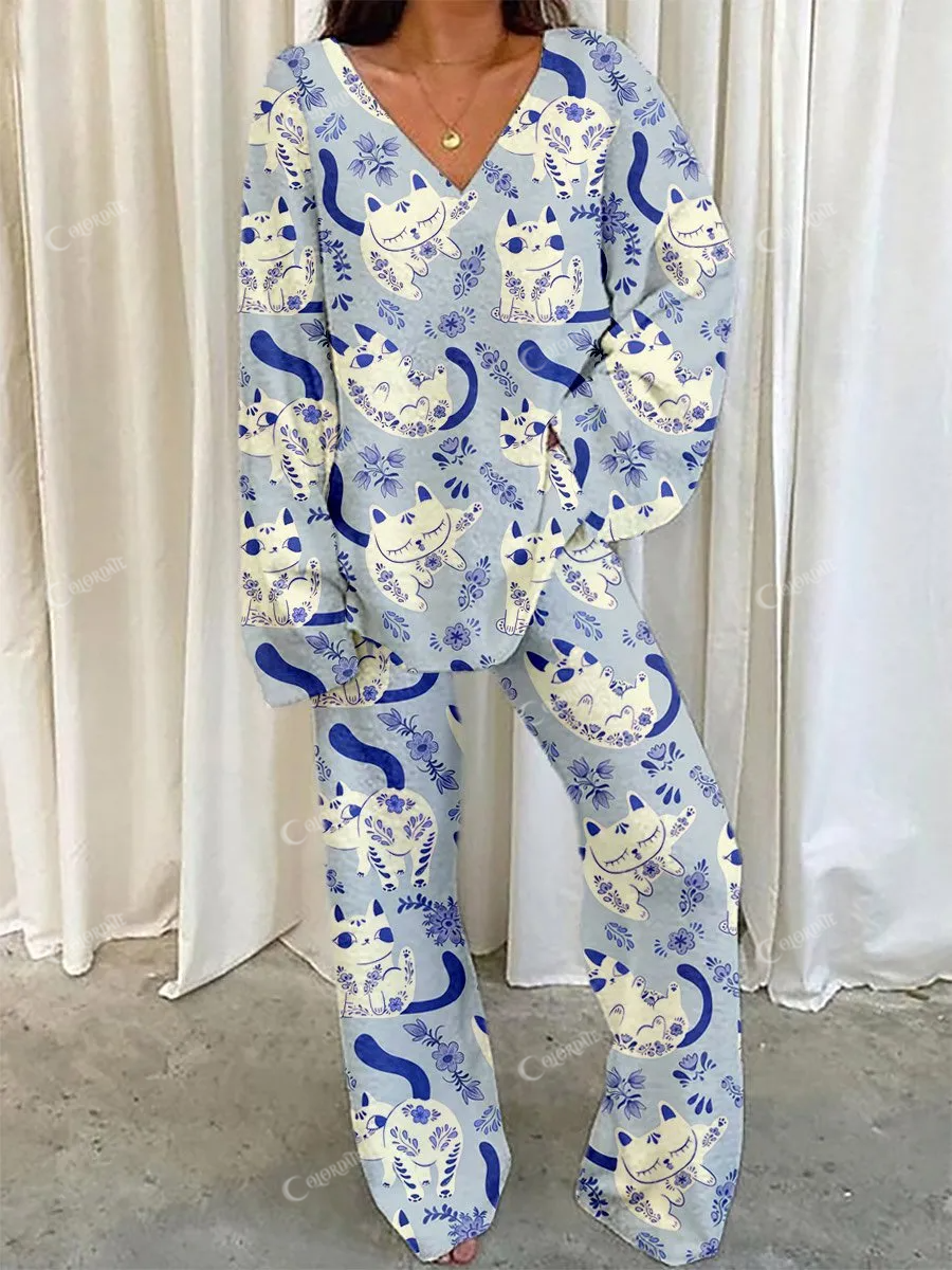 Women's Artistic Floral Cute Animal Print Home Long Sleeve Suit