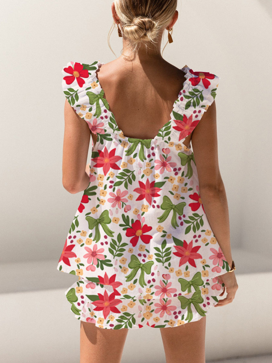 Green Bow Print Ruffled Trim Short Tank Top Shorts Pajama Set
