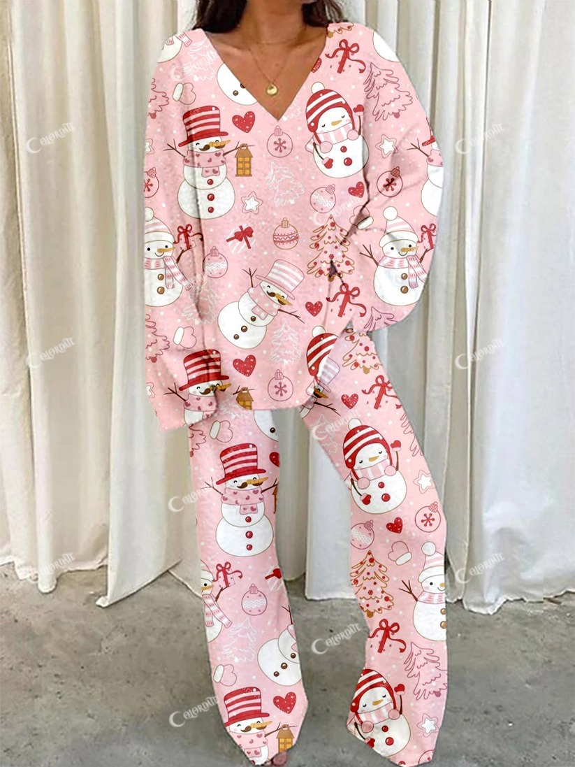 Women's Pink Christmas Snowman Print Home V Neck Long Sleeve Suit