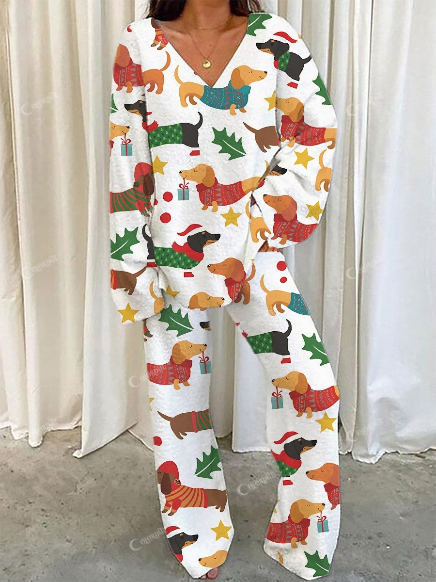 Women's Christmas Dachshund Print V-Neck Long Sleeve Suit