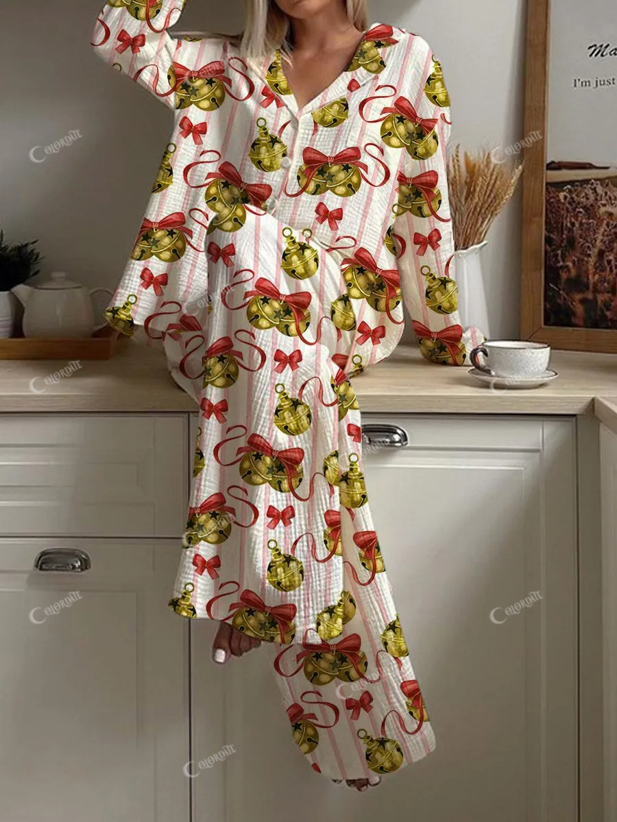 Women's Christmas Bell Art Painting Printed Home Long Sleeve Suit