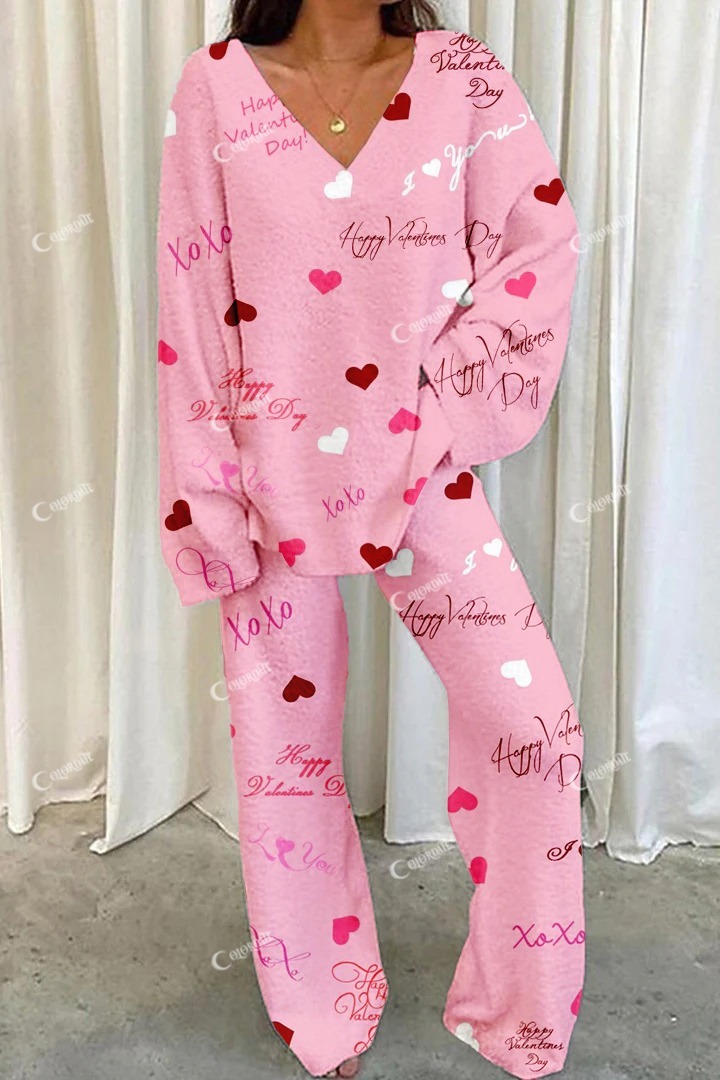 Women's Pink Heart Letter Printed Casual Homewear Set