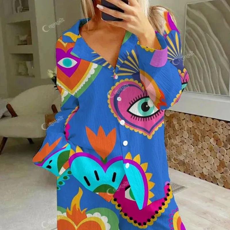 Colordate Women's Eyes And Love Print Cotton Cardigan Homewear Set
