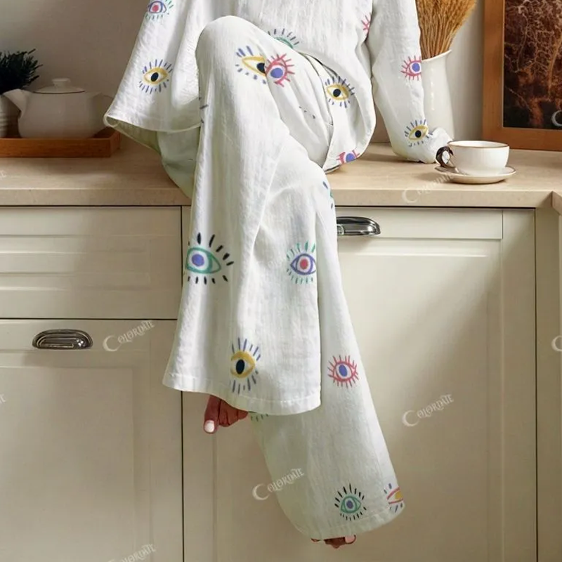 Women's Fun Cartoon Abstract Colorful Eye Print Cotton Cardigan Homewear Set