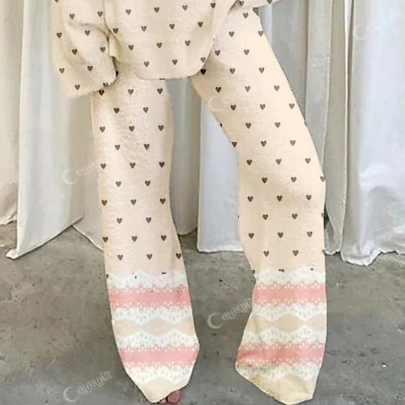 Women's Lace Bow Polka Dot Color Block Printed Casual Homewear Set