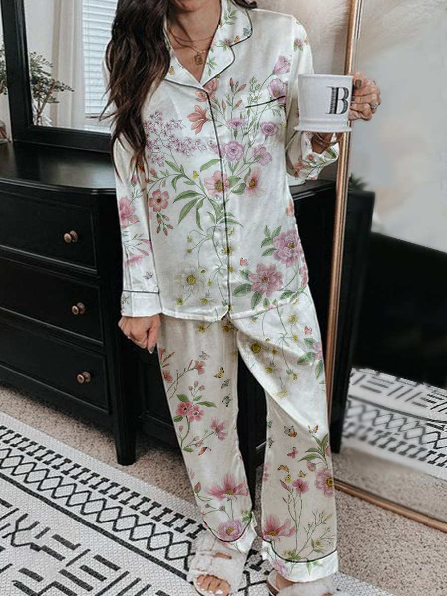 Women's Elegant Floral Pattern Long Sleeve Pants Set