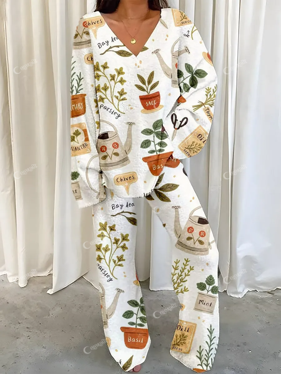 Women's Beige Horticultural Flower Print Polar Fleece Suit