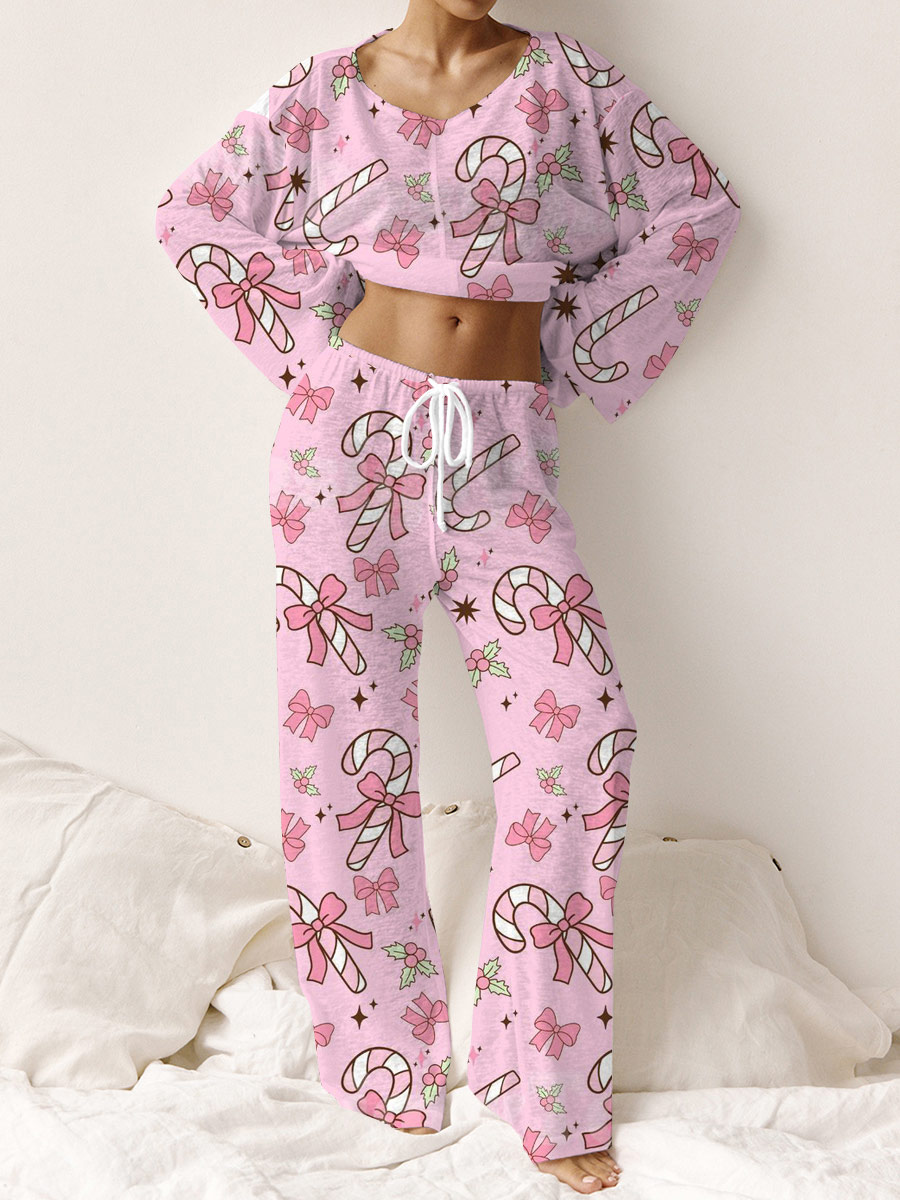 Women's Christmas Bow Candy Cane Pattern Long Sleeve Pants Set