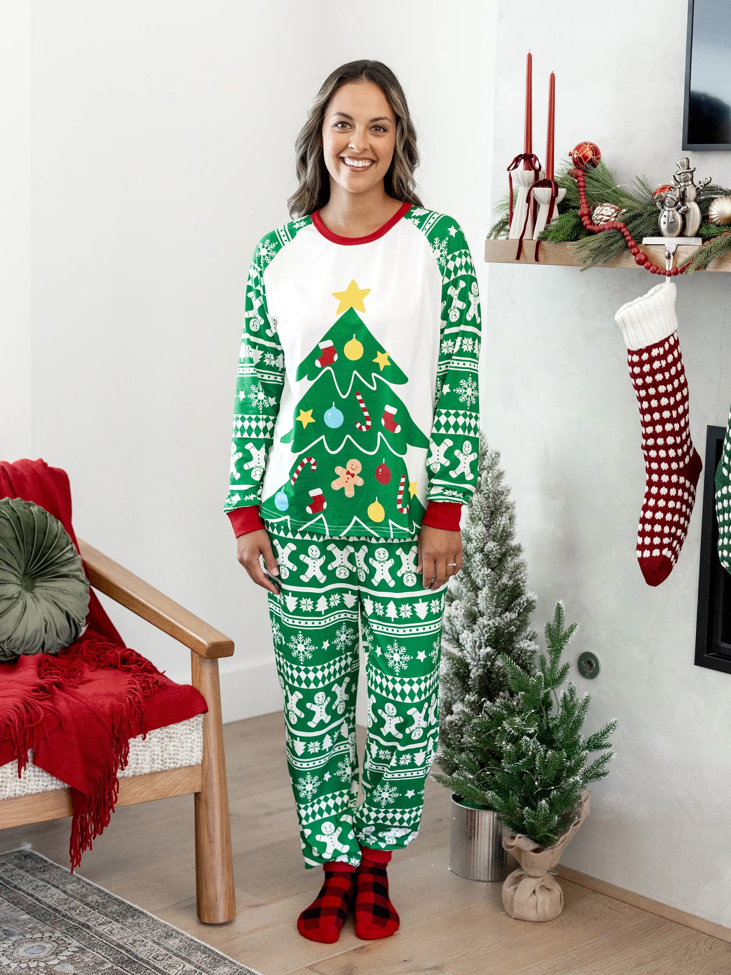 Christmas Matching Family Pajamas Set Gingerbread and Christmas Tree Print Green PJS