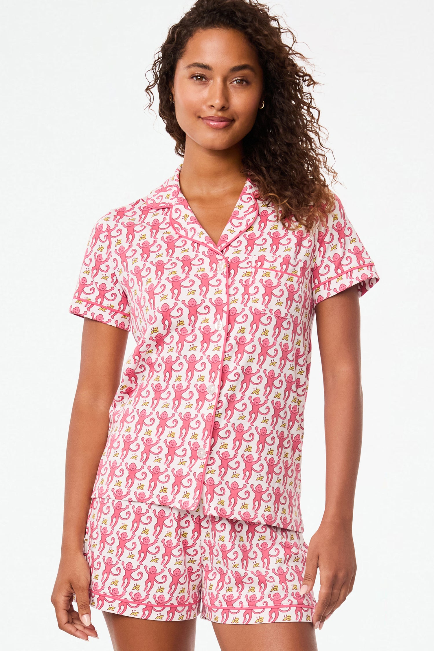 Monkey Print Pajamas Set Pink Cotton Homewear Set
