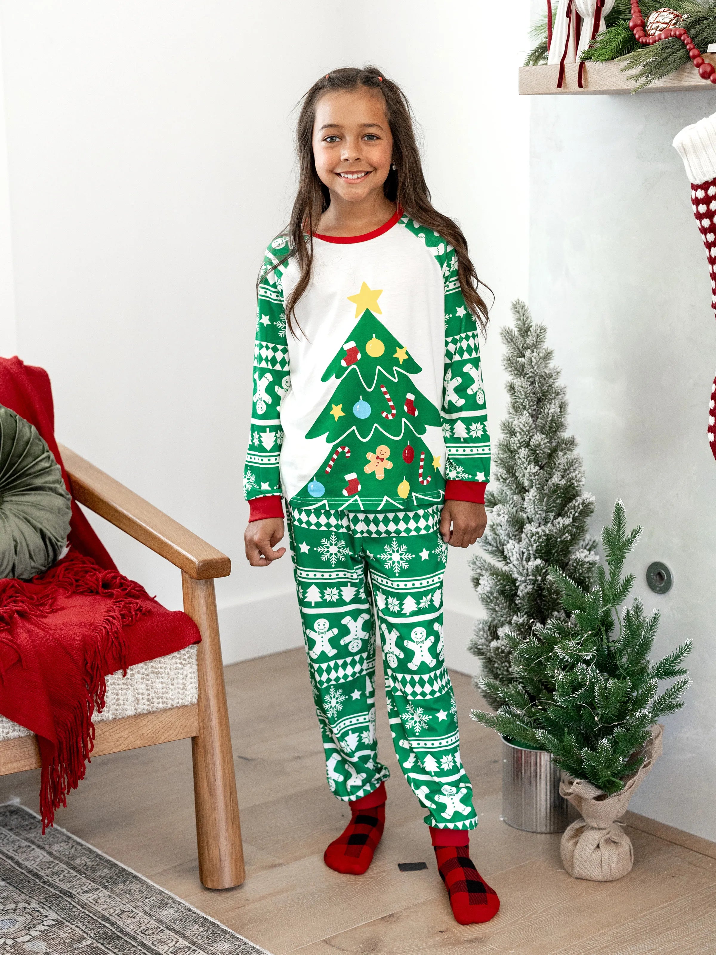 Christmas Matching Family Pajamas Set Gingerbread and Christmas Tree Print Green PJS