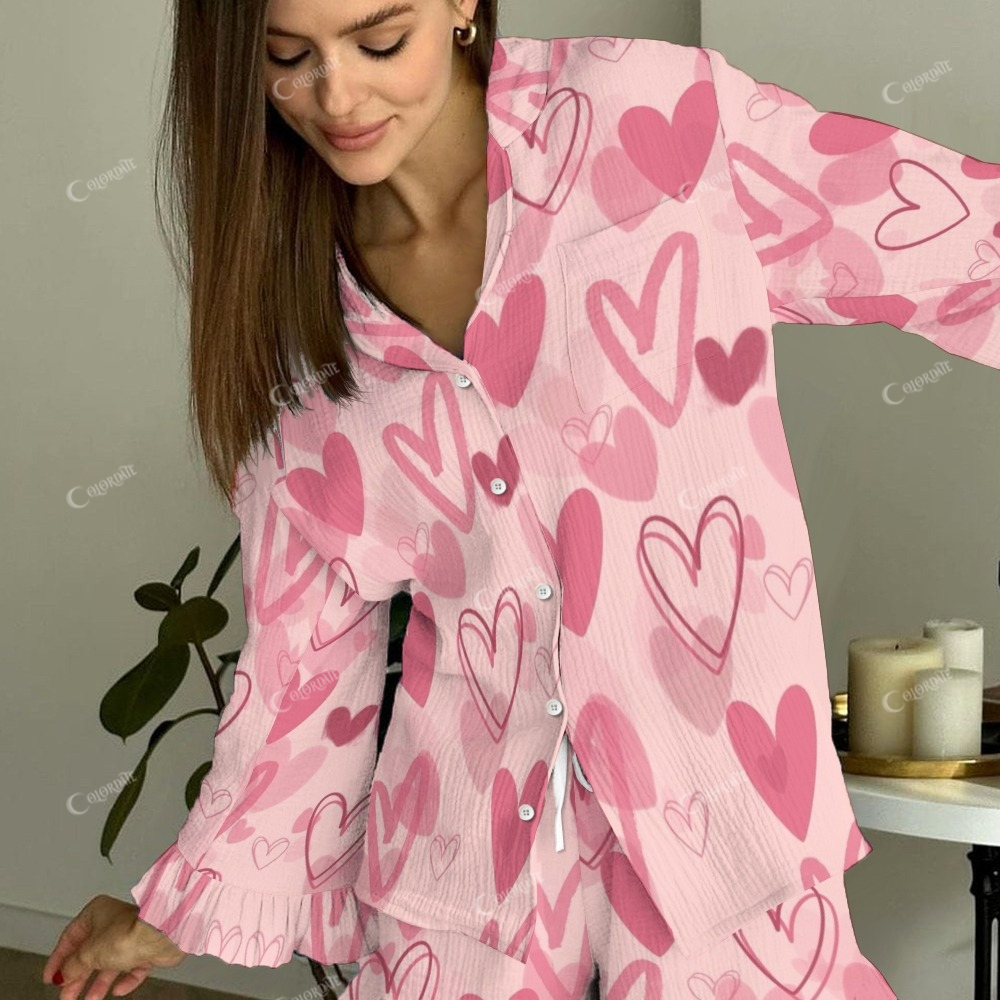 Women's Valentine's Day Pink Love Printed Linen Cotton Suit
