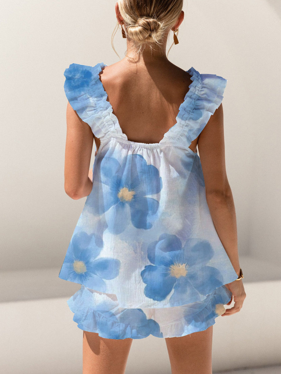 Watercolor Blue Flowers Print Ruffled Trim Short Tank Top Shorts Pajama Set