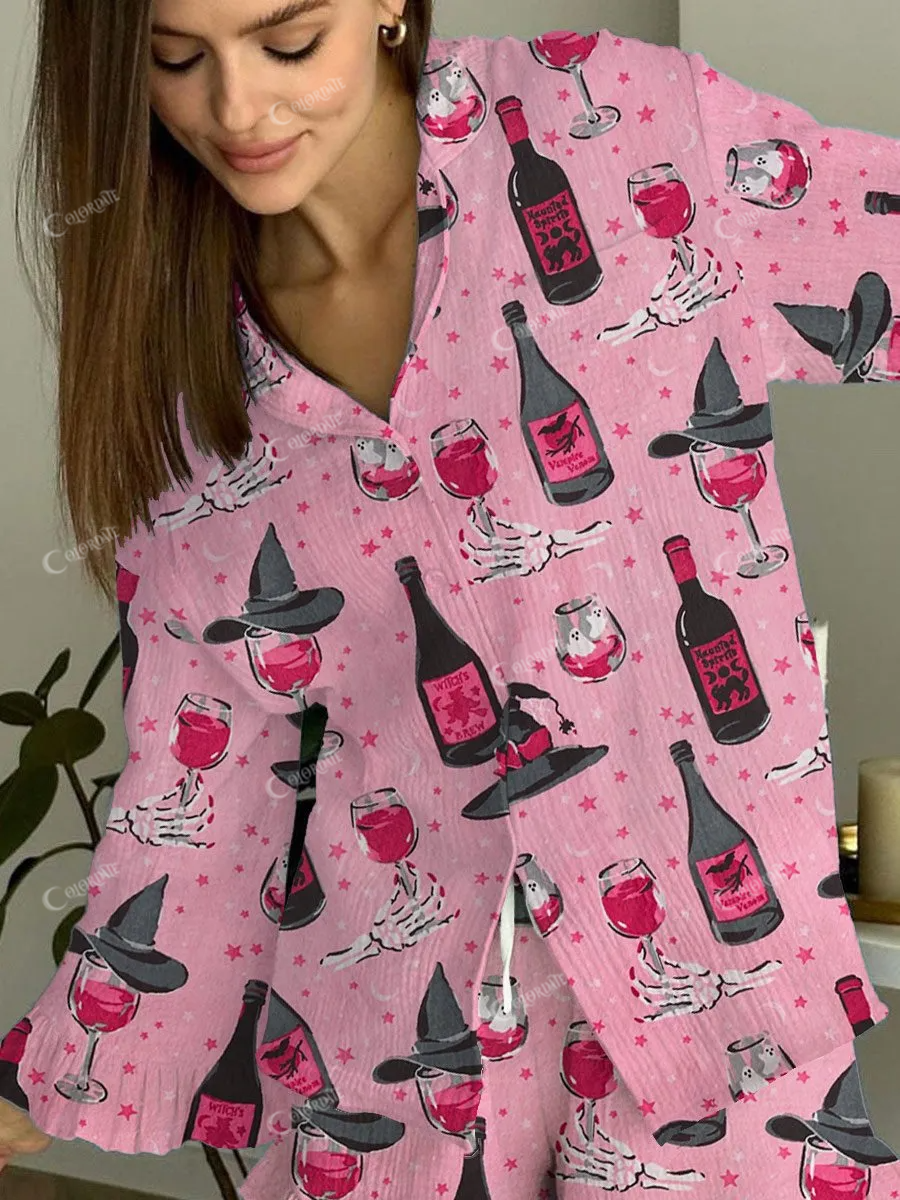 Women's Pink Wine Glass Art Painting Polka Dot Print Home Long Sleeve Suit