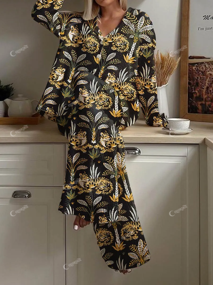 Women's Hand Painted Tropical Leopard Pattern Long Sleeve Pants Set