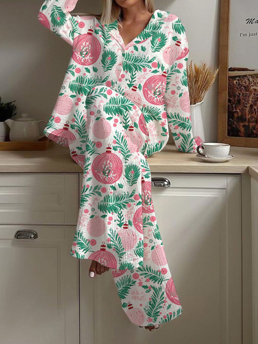 Women's Christmas Plant Lights Print Loose Homewear Set