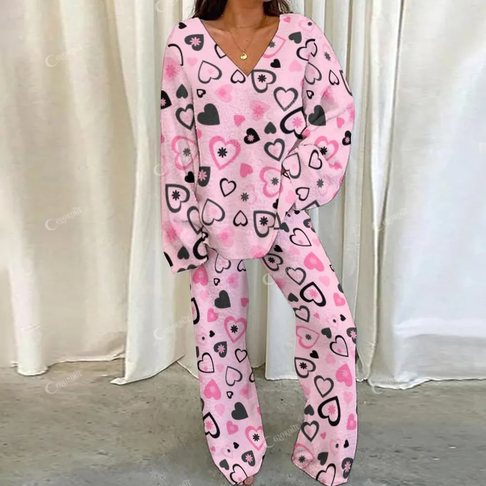 Casual V Neck Valentine's Day love Loungewear Set For Women