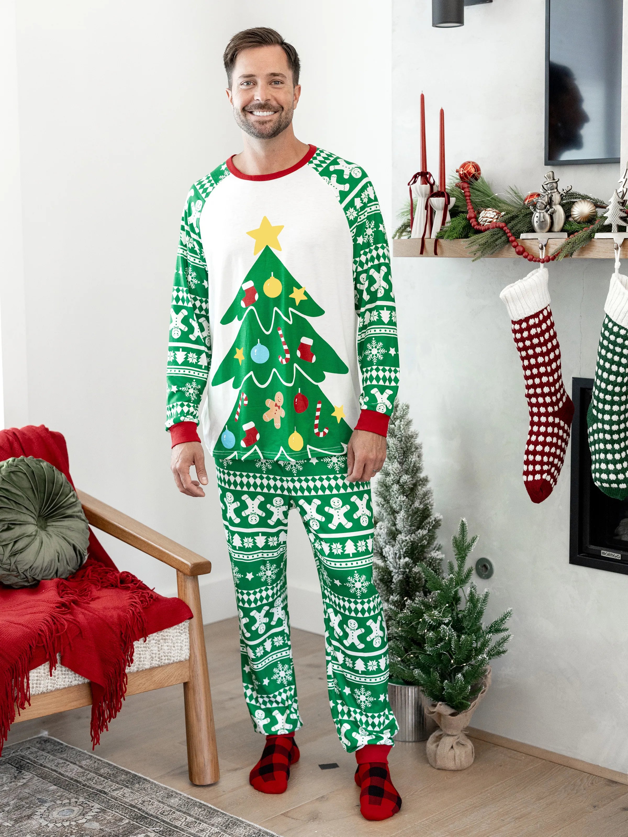 Christmas Matching Family Pajamas Set Gingerbread and Christmas Tree Print Green PJS