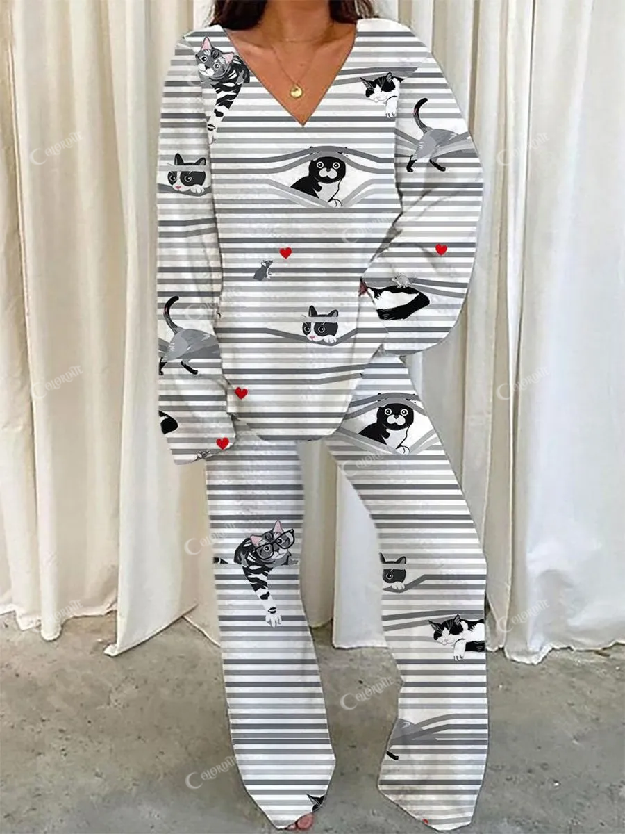 Women's Cute Cat Hide and Seek Polar Fleece Pajama Set
