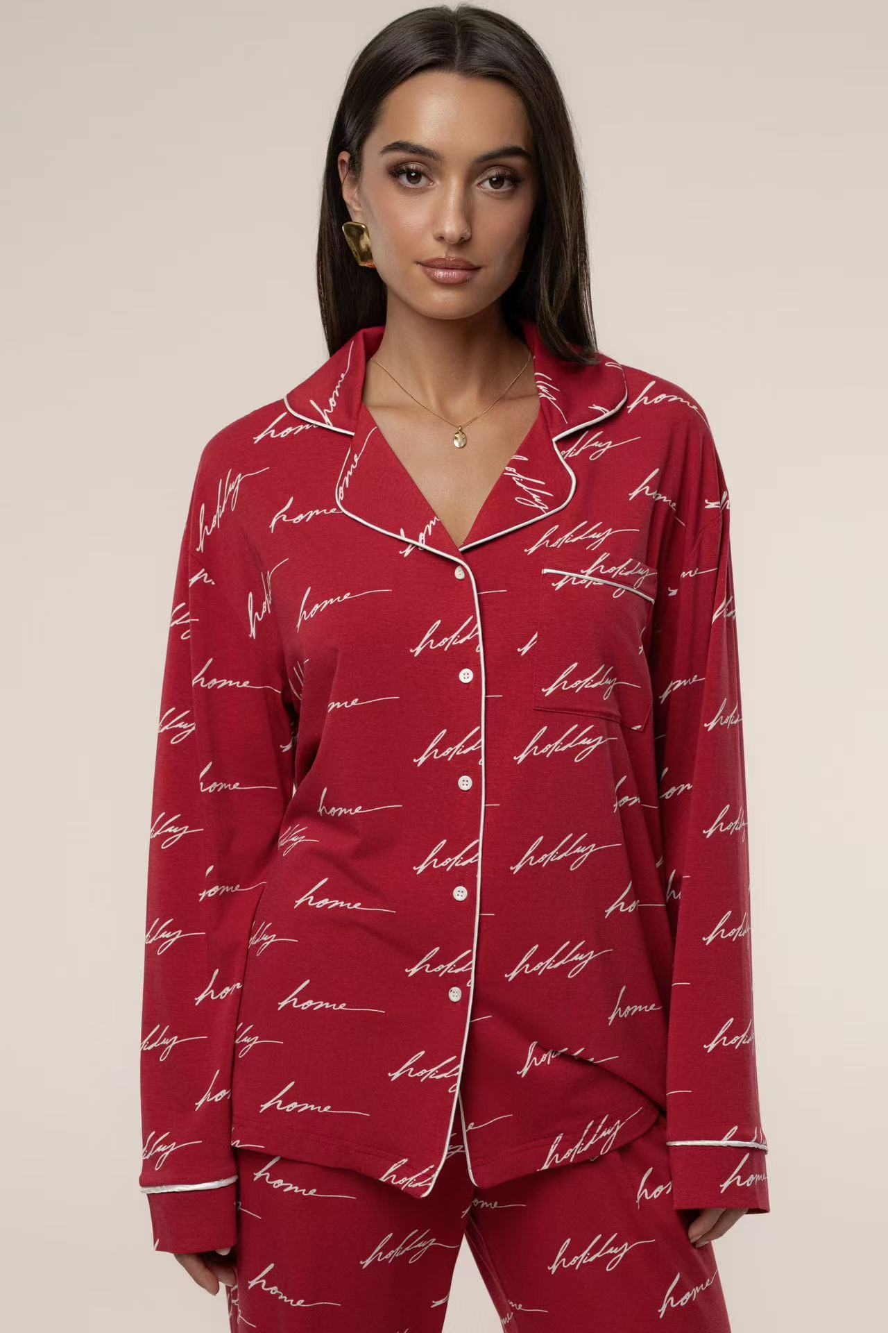 Red Home For The Holiday Print Home Long Sleeve Suit